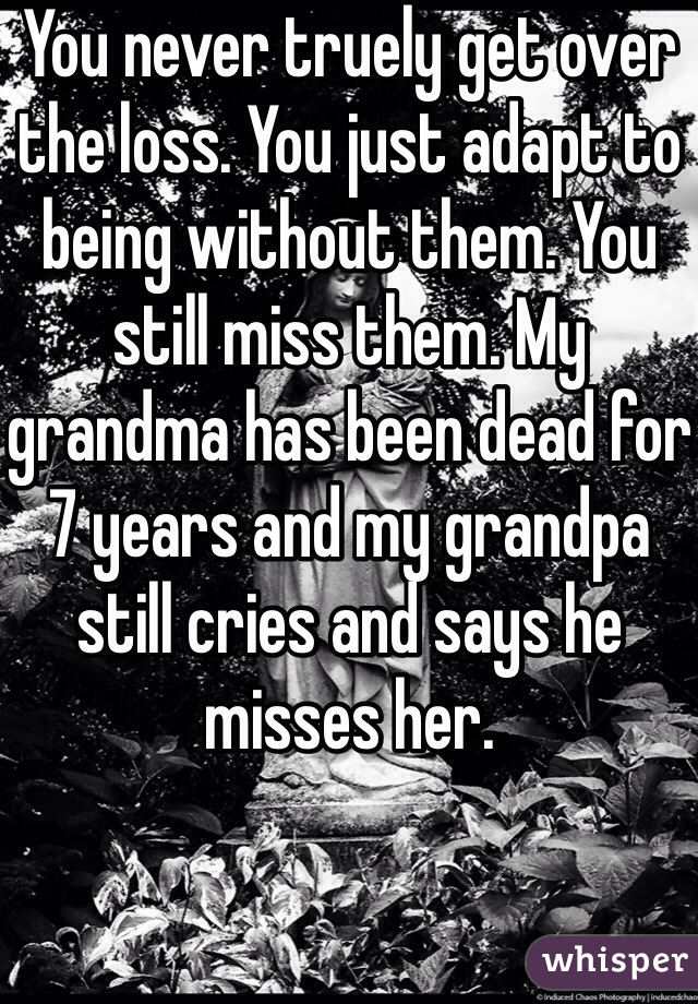 You never truely get over the loss. You just adapt to being without them. You still miss them. My grandma has been dead for 7 years and my grandpa still cries and says he misses her. 