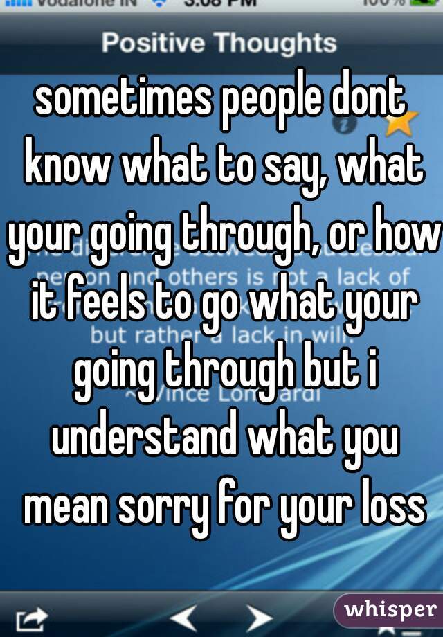 sometimes people dont know what to say, what your going through, or how it feels to go what your going through but i understand what you mean sorry for your loss