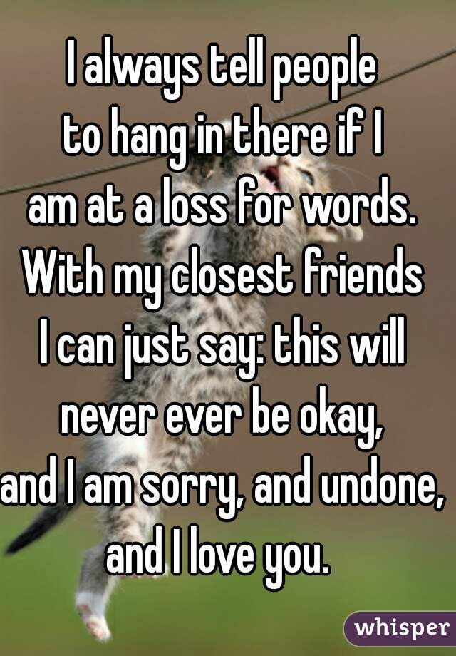 I always tell people 

to hang in there if I 

am at a loss for words. 

With my closest friends 

I can just say: this will 

never ever be okay, 

and I am sorry, and undone, 

and I love you.  