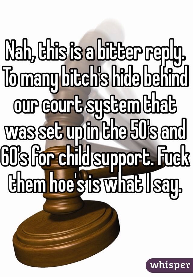 Nah, this is a bitter reply. To many bitch's hide behind our court system that was set up in the 50's and 60's for child support. Fuck them hoe's is what I say.  