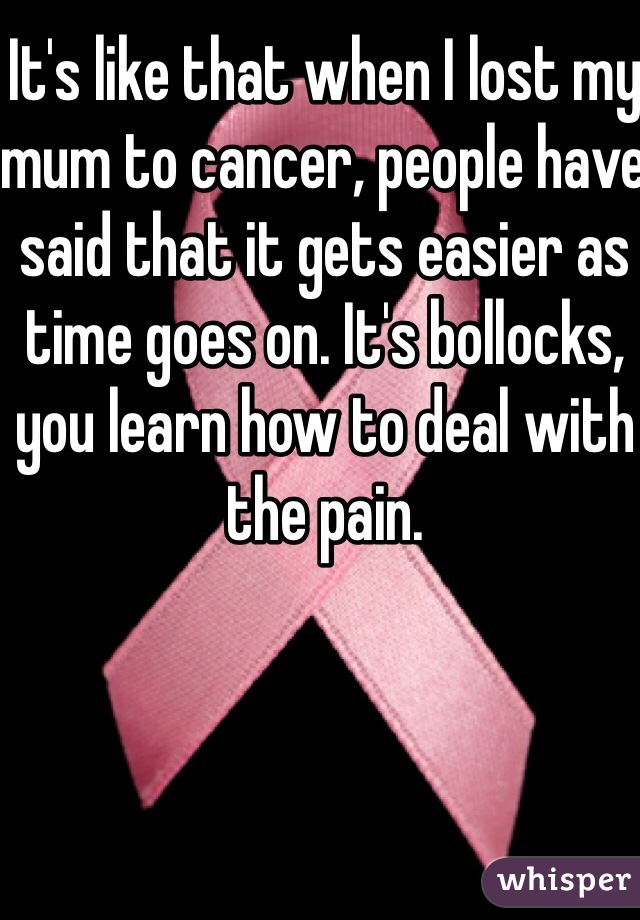 It's like that when I lost my mum to cancer, people have said that it gets easier as time goes on. It's bollocks, you learn how to deal with the pain.
