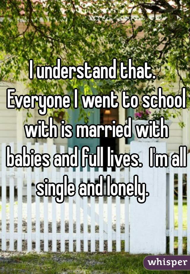 I understand that.  Everyone I went to school with is married with babies and full lives.  I'm all single and lonely.  