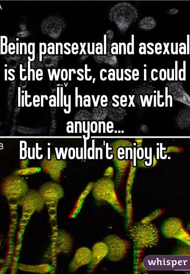 Being pansexual and asexual is the worst, cause i could literally have sex with anyone... 
But i wouldn't enjoy it.