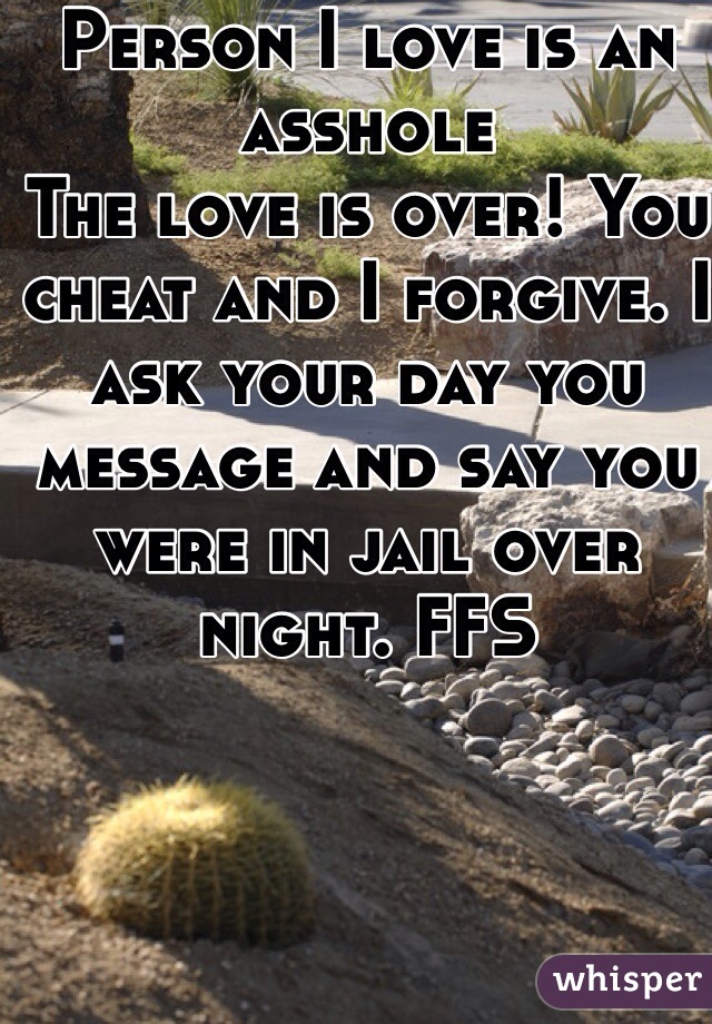 Person I love is an asshole
The love is over! You cheat and I forgive. I ask your day you message and say you were in jail over night. FFS