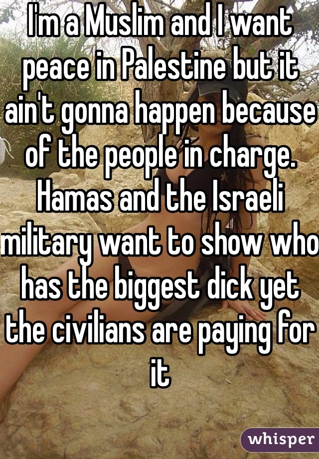 I'm a Muslim and I want peace in Palestine but it ain't gonna happen because of the people in charge. Hamas and the Israeli military want to show who has the biggest dick yet the civilians are paying for it 