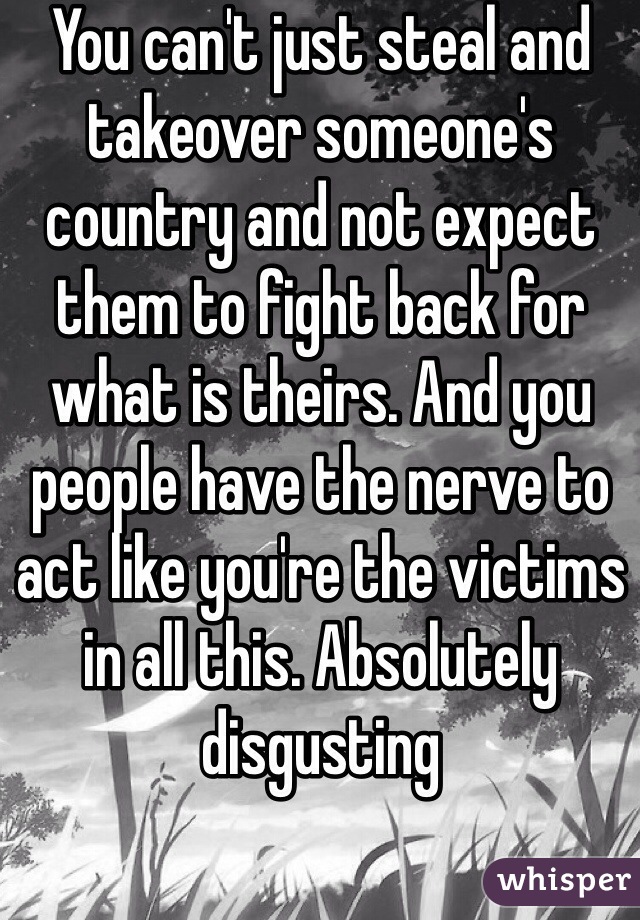 You can't just steal and takeover someone's country and not expect them to fight back for what is theirs. And you people have the nerve to act like you're the victims in all this. Absolutely disgusting  