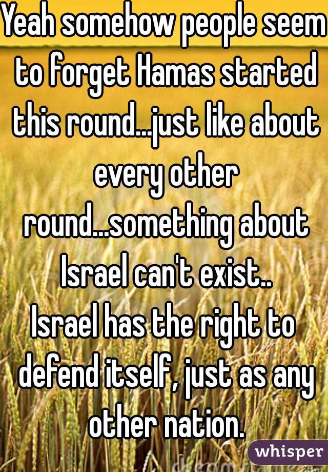 Yeah somehow people seem to forget Hamas started this round...just like about every other round...something about Israel can't exist..

Israel has the right to defend itself, just as any other nation.