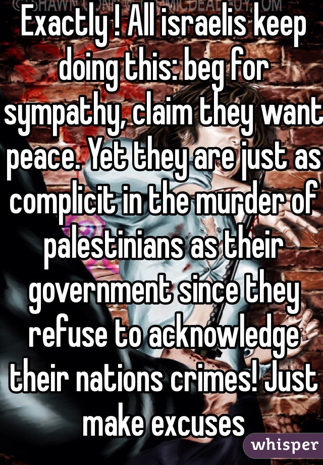 Exactly ! All israelis keep doing this: beg for sympathy, claim they want peace. Yet they are just as complicit in the murder of  palestinians as their government since they refuse to acknowledge their nations crimes! Just make excuses