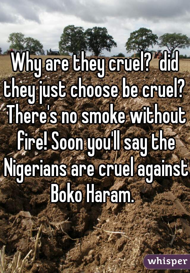 Why are they cruel?  did they just choose be cruel?  There's no smoke without fire! Soon you'll say the Nigerians are cruel against Boko Haram.  