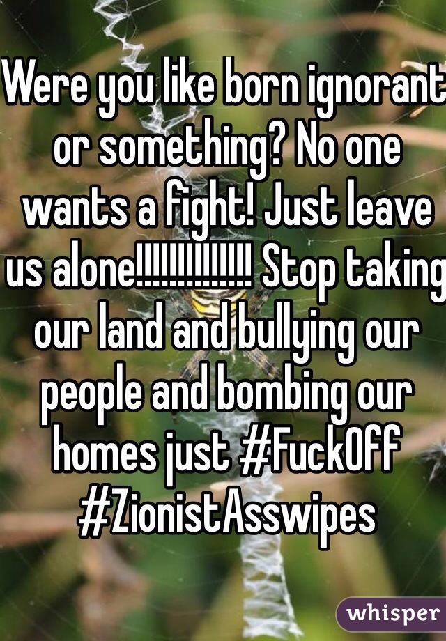 Were you like born ignorant or something? No one wants a fight! Just leave us alone!!!!!!!!!!!!!! Stop taking our land and bullying our people and bombing our homes just #FuckOff #ZionistAsswipes