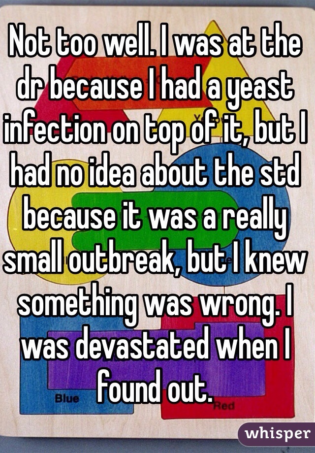 Not too well. I was at the dr because I had a yeast infection on top of it, but I had no idea about the std because it was a really small outbreak, but I knew something was wrong. I was devastated when I found out.