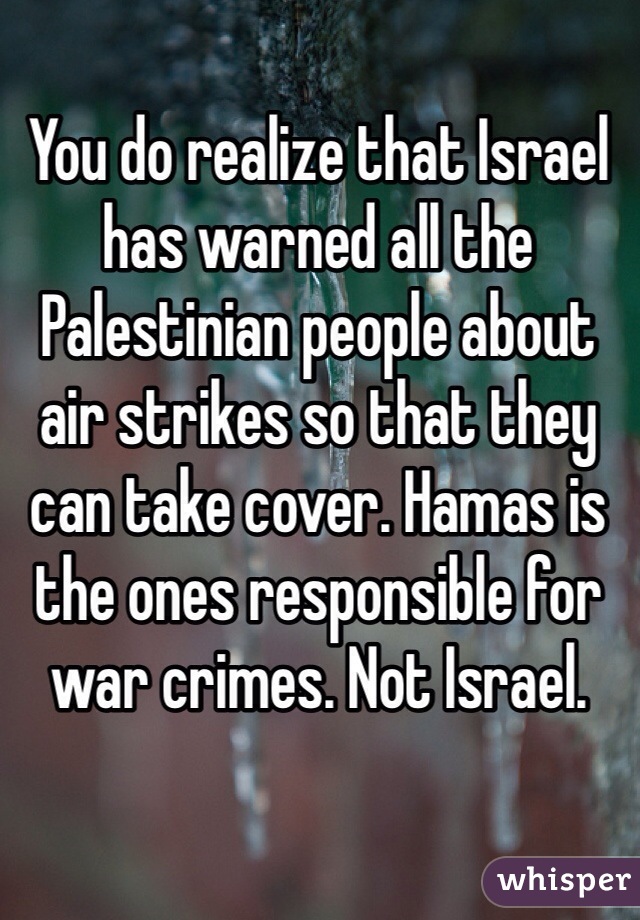 You do realize that Israel has warned all the Palestinian people about air strikes so that they can take cover. Hamas is the ones responsible for war crimes. Not Israel. 