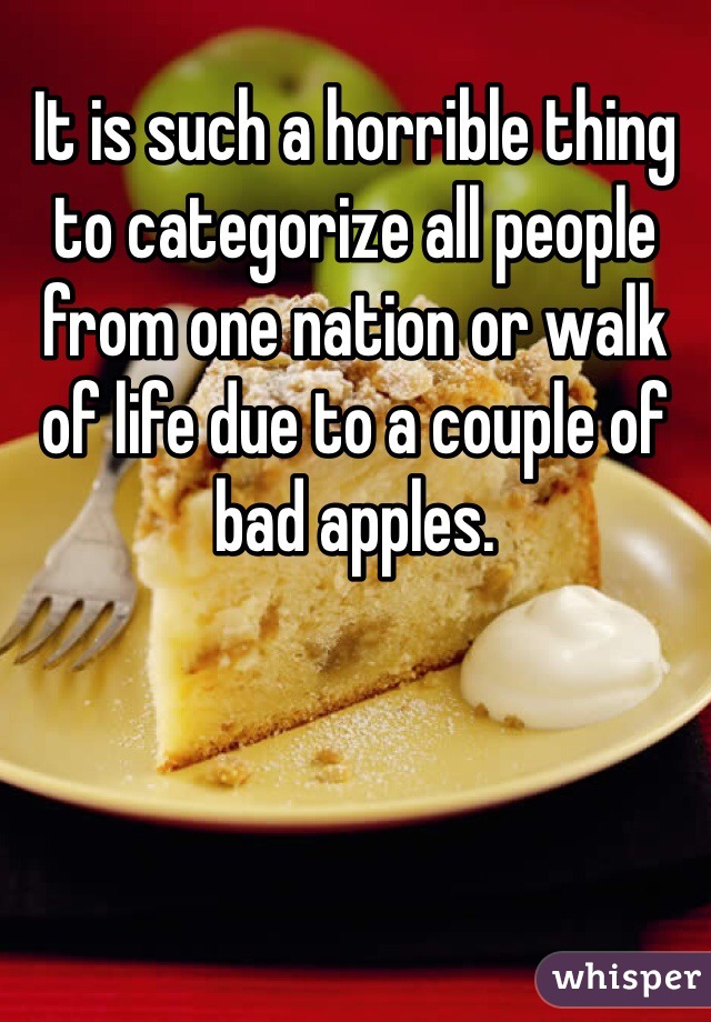 It is such a horrible thing to categorize all people from one nation or walk of life due to a couple of bad apples. 