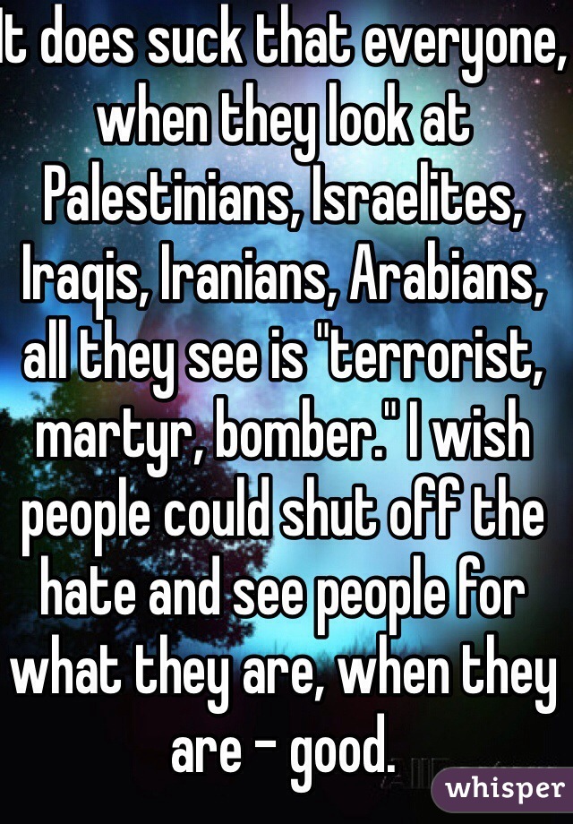 It does suck that everyone, when they look at Palestinians, Israelites, Iraqis, Iranians, Arabians, all they see is "terrorist, martyr, bomber." I wish people could shut off the hate and see people for what they are, when they are - good.