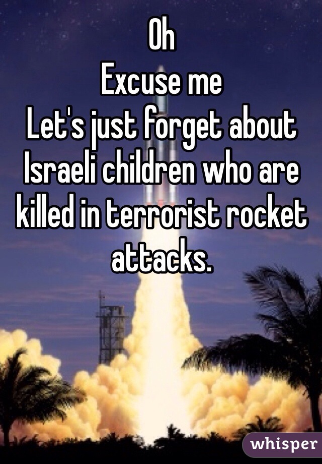 Oh
Excuse me
Let's just forget about Israeli children who are killed in terrorist rocket attacks. 