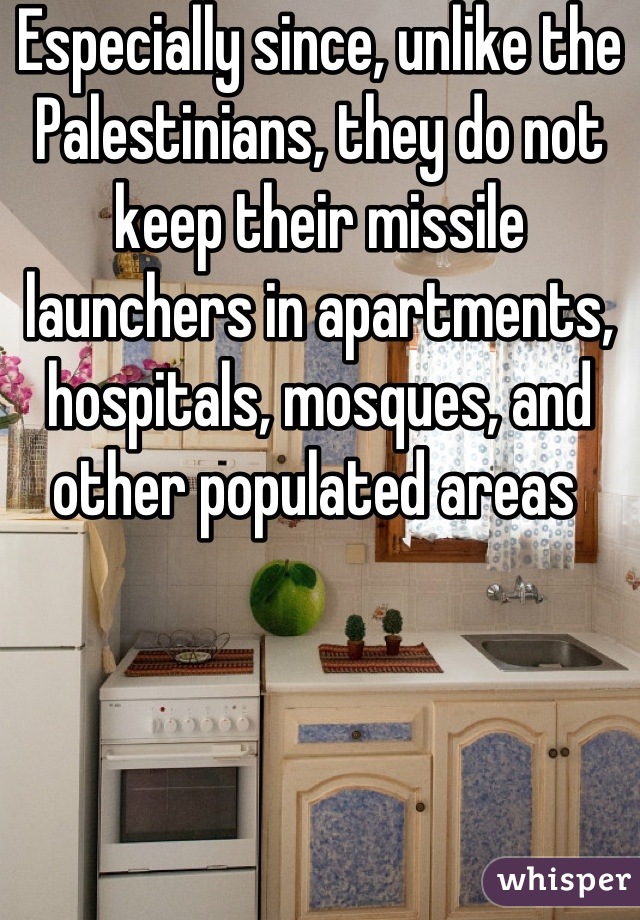 Especially since, unlike the Palestinians, they do not keep their missile launchers in apartments, hospitals, mosques, and other populated areas 