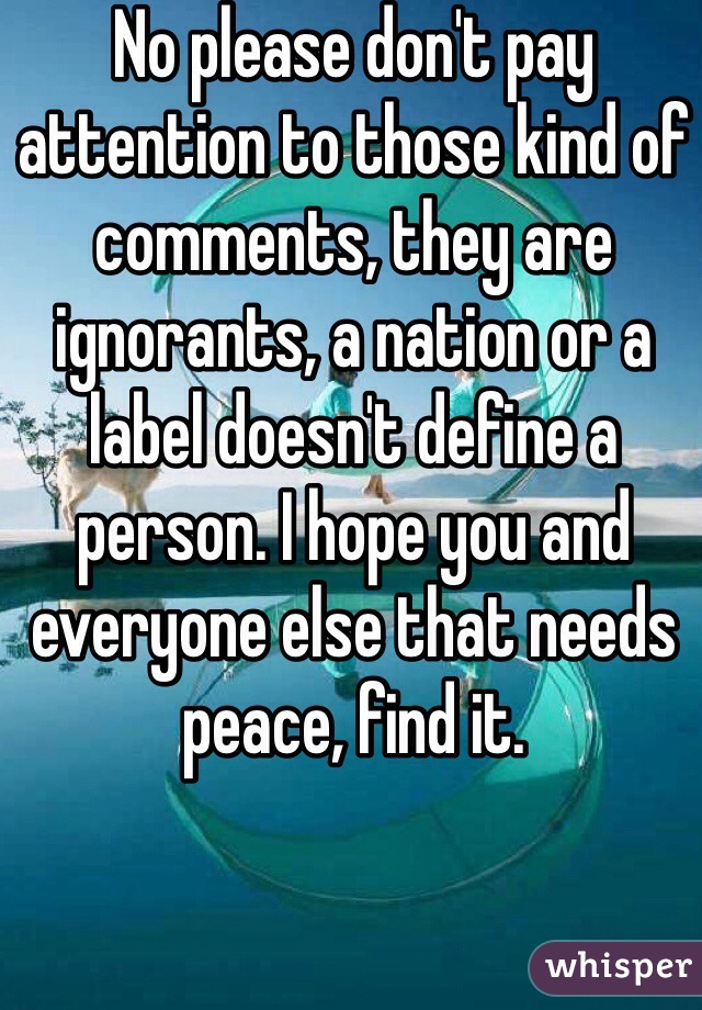 No please don't pay attention to those kind of comments, they are ignorants, a nation or a label doesn't define a person. I hope you and everyone else that needs peace, find it. 