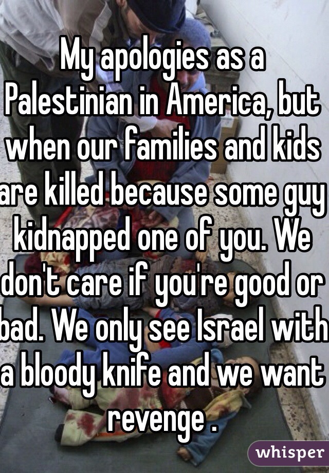 My apologies as a Palestinian in America, but when our families and kids are killed because some guy kidnapped one of you. We don't care if you're good or bad. We only see Israel with a bloody knife and we want revenge .