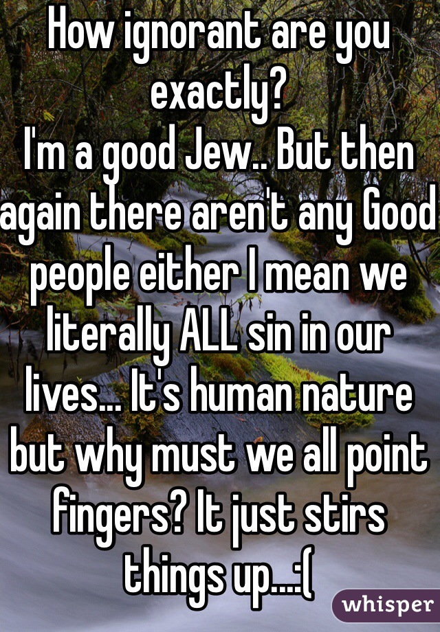 How ignorant are you exactly?
I'm a good Jew.. But then again there aren't any Good people either I mean we literally ALL sin in our lives... It's human nature but why must we all point fingers? It just stirs things up...:(