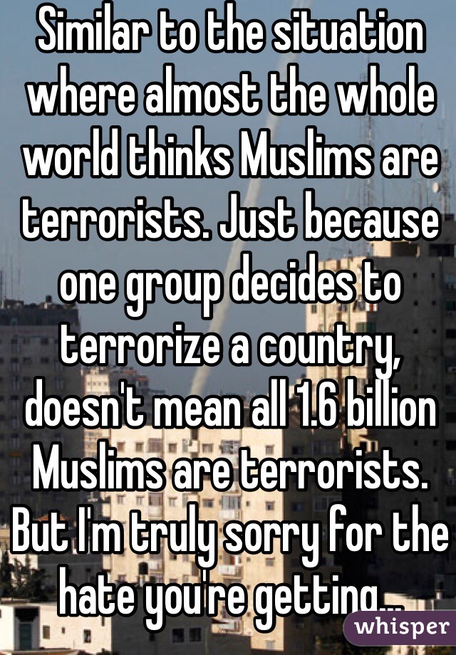 Similar to the situation where almost the whole world thinks Muslims are terrorists. Just because one group decides to terrorize a country, doesn't mean all 1.6 billion Muslims are terrorists.
But I'm truly sorry for the hate you're getting...