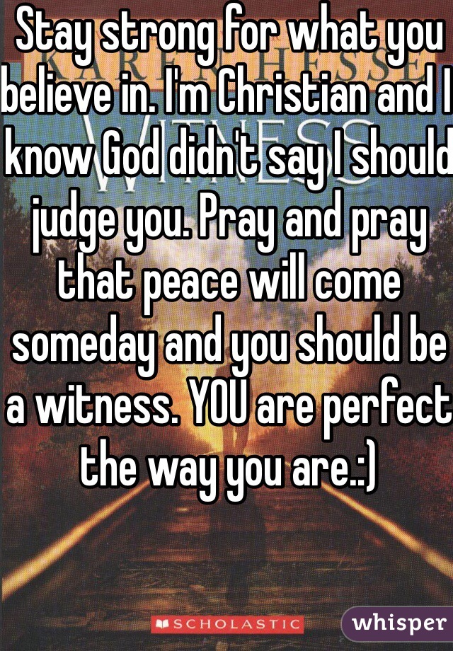 Stay strong for what you believe in. I'm Christian and I know God didn't say I should judge you. Pray and pray that peace will come someday and you should be a witness. YOU are perfect the way you are.:)