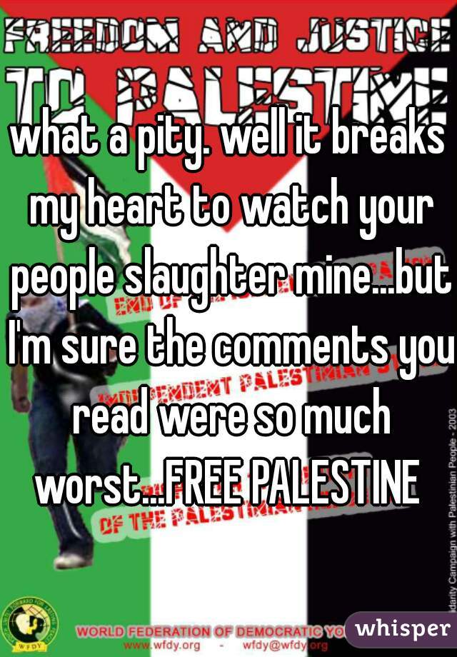 what a pity. well it breaks my heart to watch your people slaughter mine...but I'm sure the comments you read were so much worst...FREE PALESTINE 