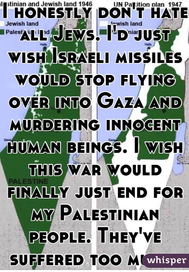 I honestly don't hate all Jews. I'd just wish Israeli missiles would stop flying over into Gaza and murdering innocent human beings. I wish this war would finally just end for my Palestinian people. They've suffered too much. 