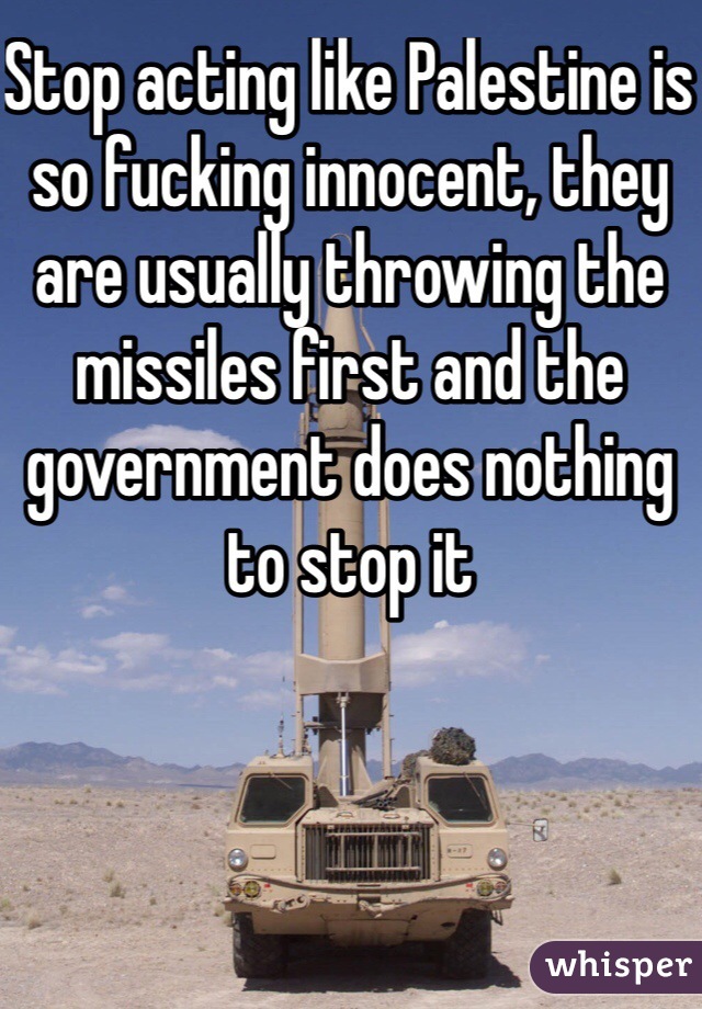 Stop acting like Palestine is so fucking innocent, they are usually throwing the missiles first and the government does nothing to stop it