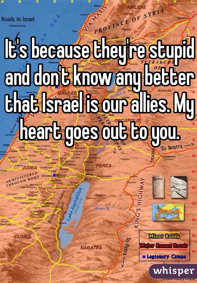 It's because they're stupid and don't know any better that Israel is our allies. My heart goes out to you. 