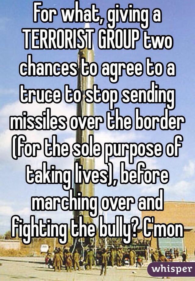 For what, giving a TERRORIST GROUP two chances to agree to a truce to stop sending missiles over the border (for the sole purpose of taking lives), before marching over and fighting the bully? C'mon