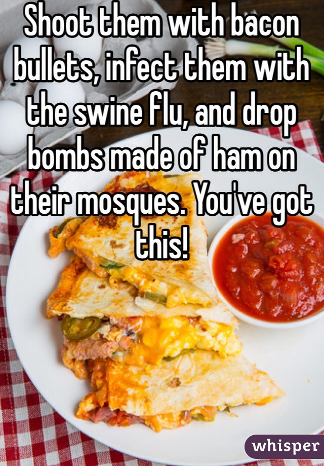 Shoot them with bacon bullets, infect them with the swine flu, and drop bombs made of ham on their mosques. You've got this!