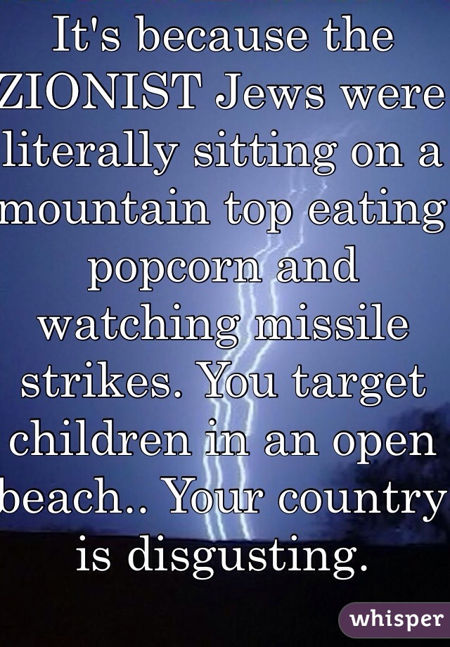 It's because the ZIONIST Jews were literally sitting on a mountain top eating popcorn and watching missile strikes. You target children in an open beach.. Your country is disgusting. Change it.  