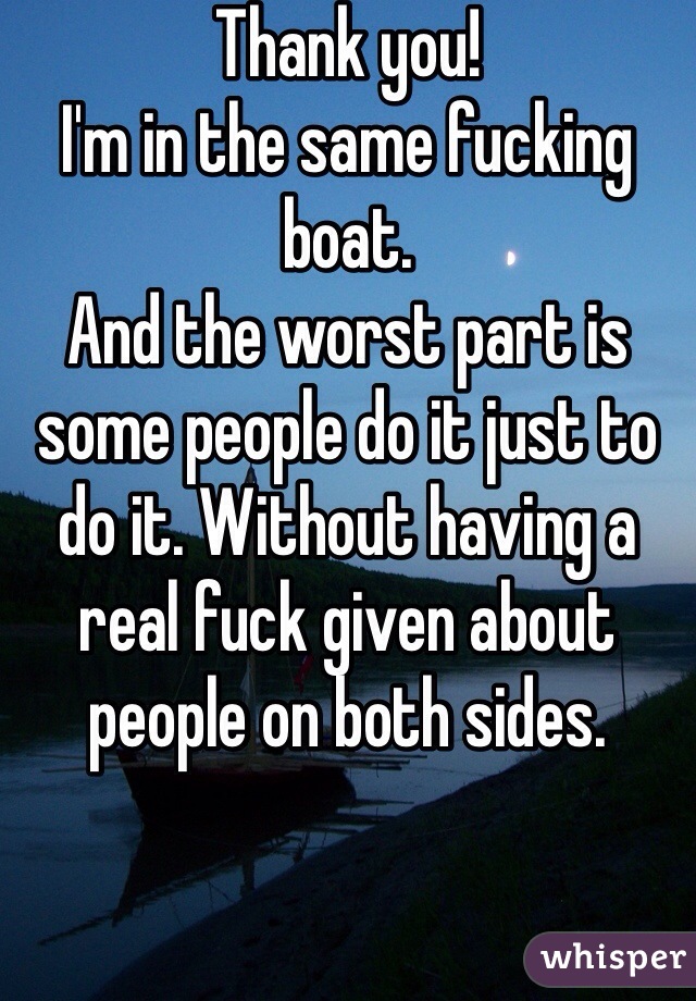 Thank you! 
I'm in the same fucking boat.
And the worst part is some people do it just to do it. Without having a real fuck given about people on both sides. 