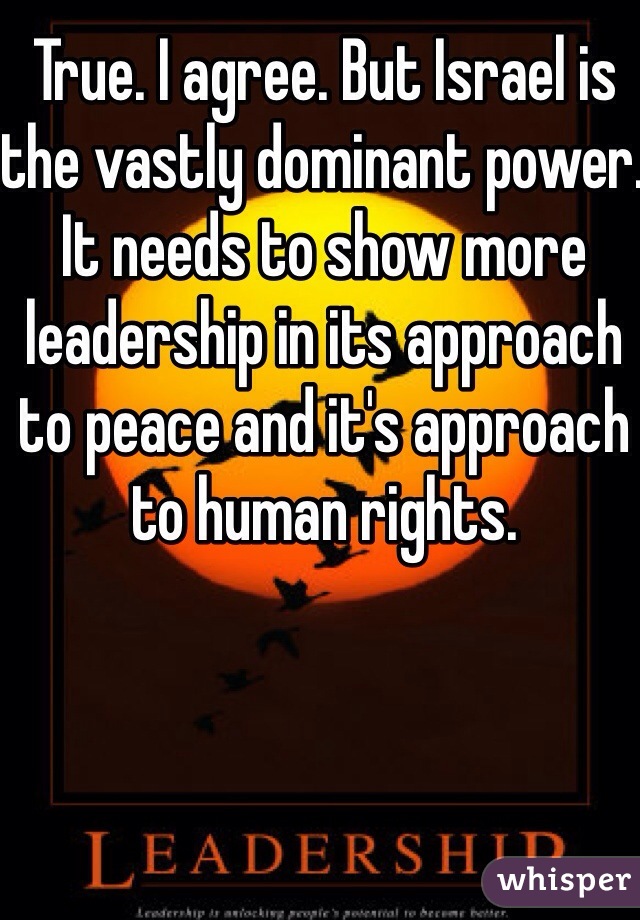 True. I agree. But Israel is the vastly dominant power. It needs to show more leadership in its approach to peace and it's approach to human rights. 
