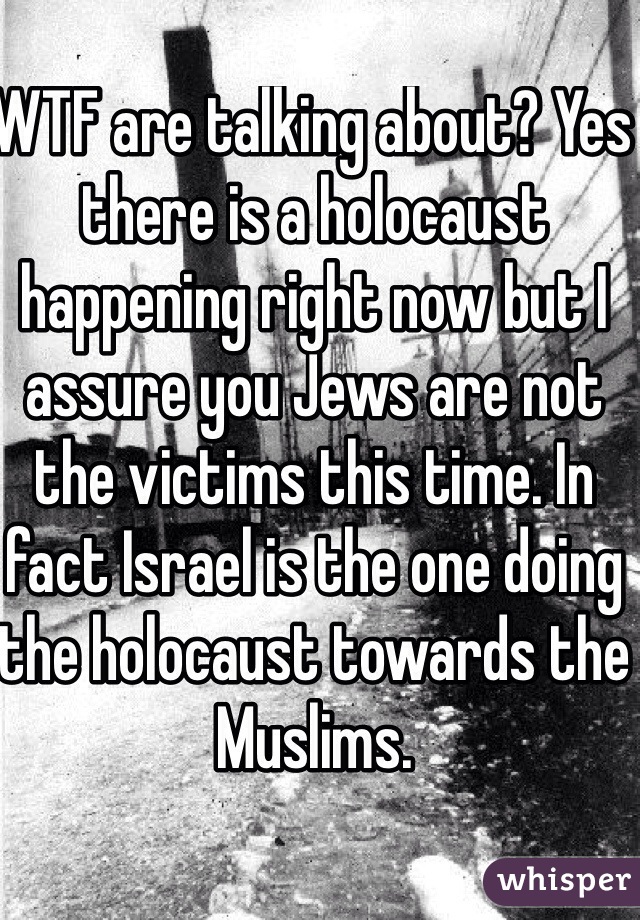 WTF are talking about? Yes there is a holocaust happening right now but I assure you Jews are not the victims this time. In fact Israel is the one doing the holocaust towards the Muslims. 