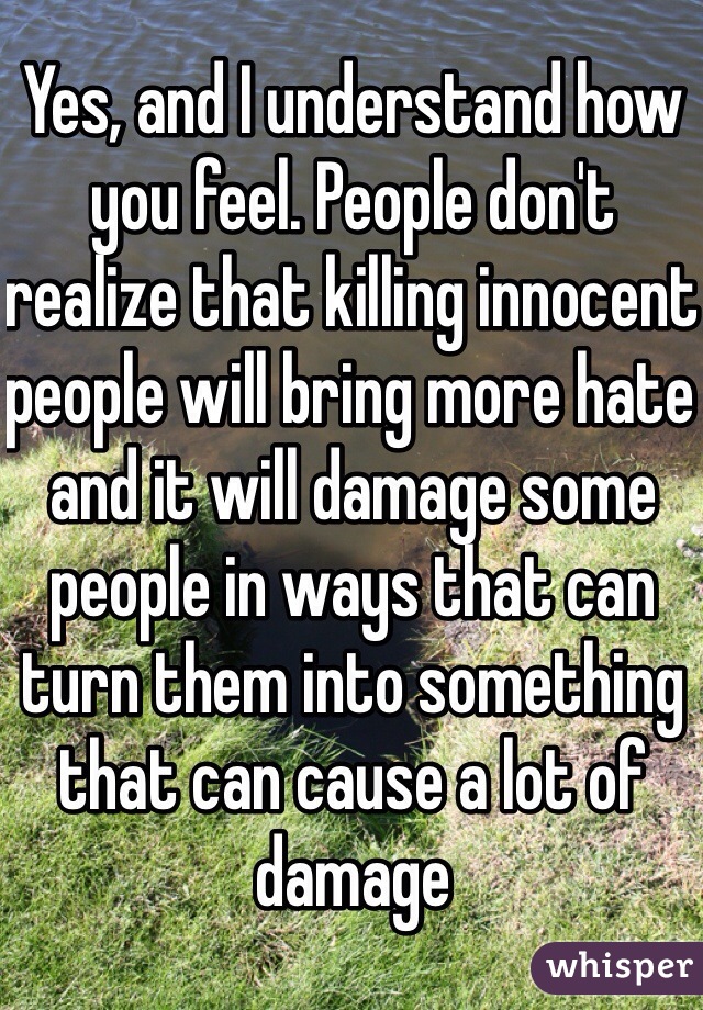 Yes, and I understand how you feel. People don't realize that killing innocent people will bring more hate and it will damage some people in ways that can turn them into something that can cause a lot of damage 