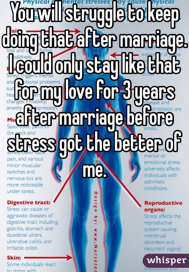 You will struggle to keep doing that after marriage. I could only stay like that for my love for 3 years after marriage before stress got the better of me.