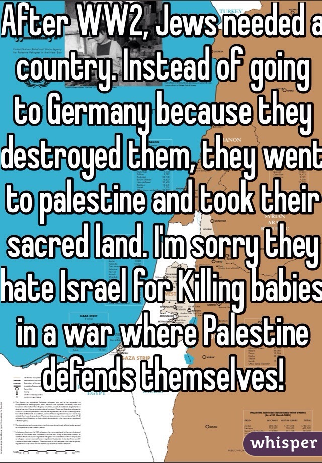 After WW2, Jews needed a country. Instead of going to Germany because they destroyed them, they went to palestine and took their sacred land. I'm sorry they hate Israel for Killing babies in a war where Palestine defends themselves!
