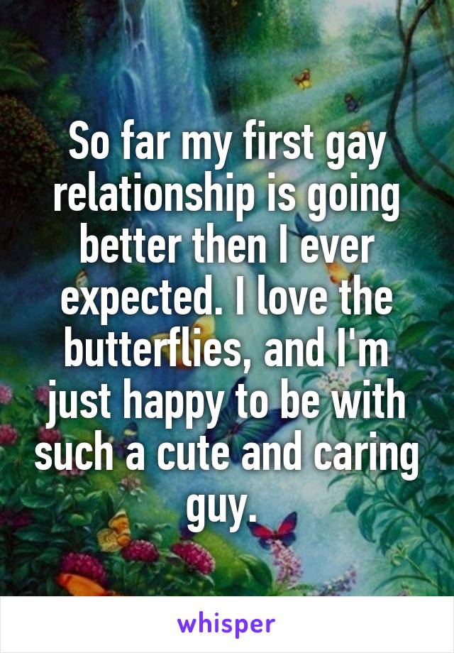 So far my first gay relationship is going better then I ever expected. I love the butterflies, and I'm just happy to be with such a cute and caring guy. 