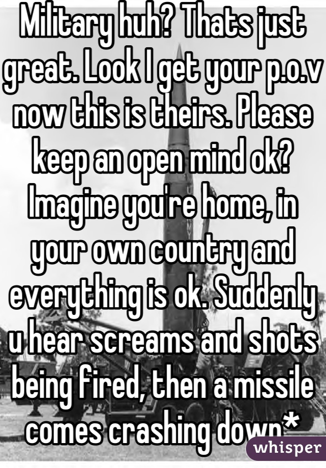 Military huh? Thats just great. Look I get your p.o.v now this is theirs. Please keep an open mind ok? Imagine you're home, in your own country and everything is ok. Suddenly u hear screams and shots being fired, then a missile comes crashing down*