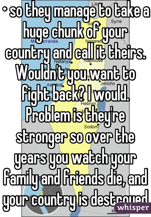 • so they manage to take a huge chunk of your country and call it theirs. Wouldn't you want to fight back? I would. Problem is they're stronger so over the years you watch your family and friends die, and your country is destroyed