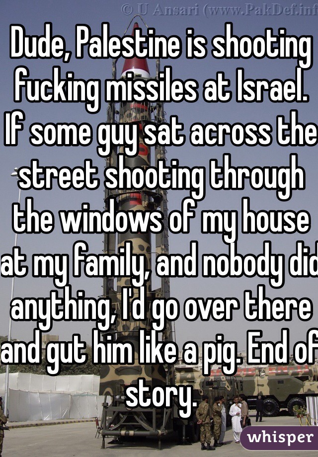 Dude, Palestine is shooting fucking missiles at Israel. 
If some guy sat across the street shooting through the windows of my house at my family, and nobody did anything, I'd go over there and gut him like a pig. End of story. 