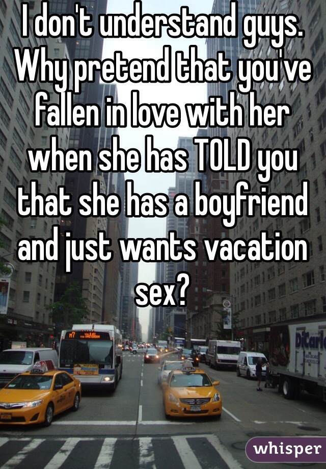 I don't understand guys. Why pretend that you've fallen in love with her when she has TOLD you that she has a boyfriend and just wants vacation sex?
