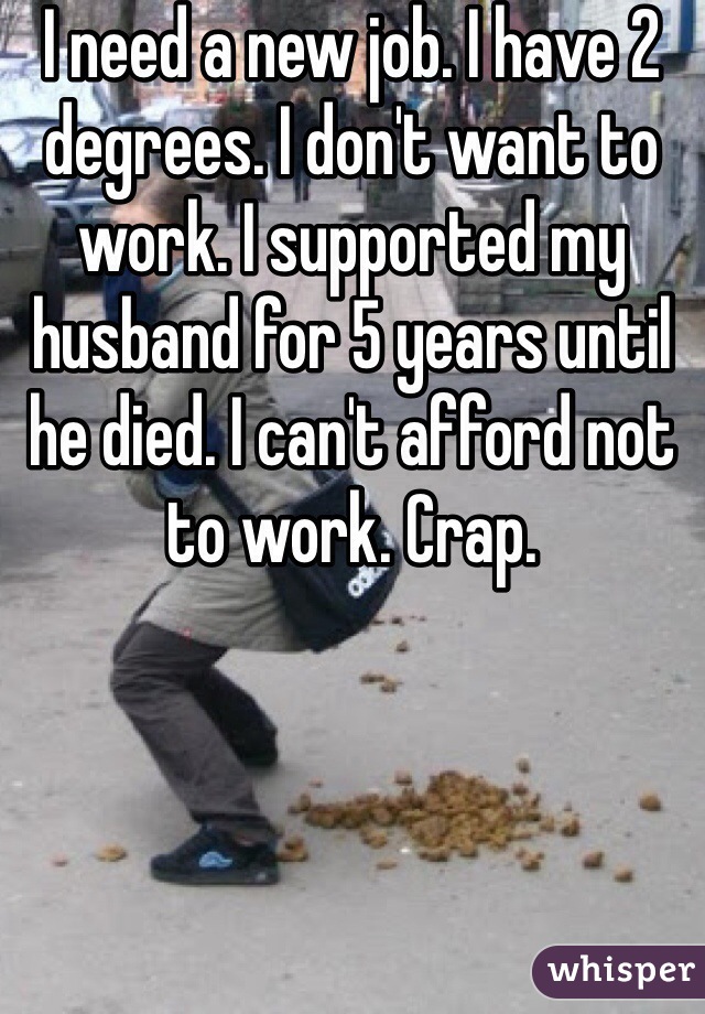 I need a new job. I have 2 degrees. I don't want to work. I supported my husband for 5 years until he died. I can't afford not to work. Crap. 