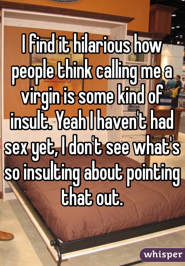 I find it hilarious how people think calling me a virgin is some kind of insult. Yeah I haven't had sex yet, I don't see what's so insulting about pointing that out.