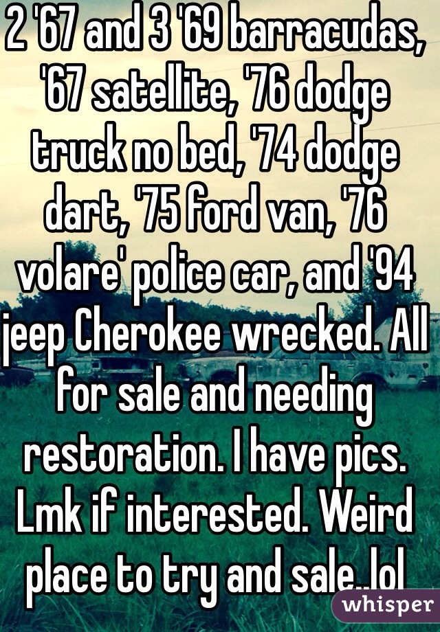 2 '67 and 3 '69 barracudas, '67 satellite, '76 dodge truck no bed, '74 dodge dart, '75 ford van, '76 volare' police car, and '94 jeep Cherokee wrecked. All for sale and needing restoration. I have pics. Lmk if interested. Weird place to try and sale..lol