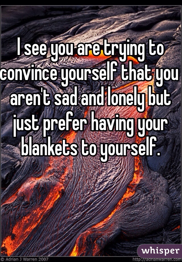 I see you are trying to convince yourself that you aren't sad and lonely but just prefer having your blankets to yourself. 