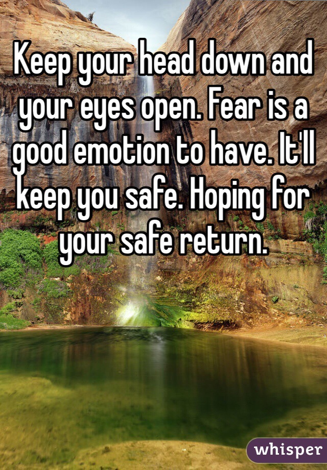 Keep your head down and your eyes open. Fear is a good emotion to have. It'll keep you safe. Hoping for your safe return. 