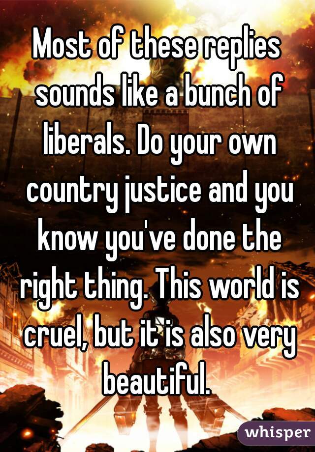 Most of these replies sounds like a bunch of liberals. Do your own country justice and you know you've done the right thing. This world is cruel, but it is also very beautiful. 