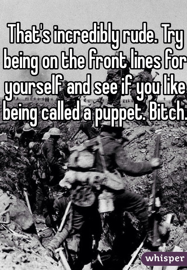 That's incredibly rude. Try being on the front lines for yourself and see if you like being called a puppet. Bitch.